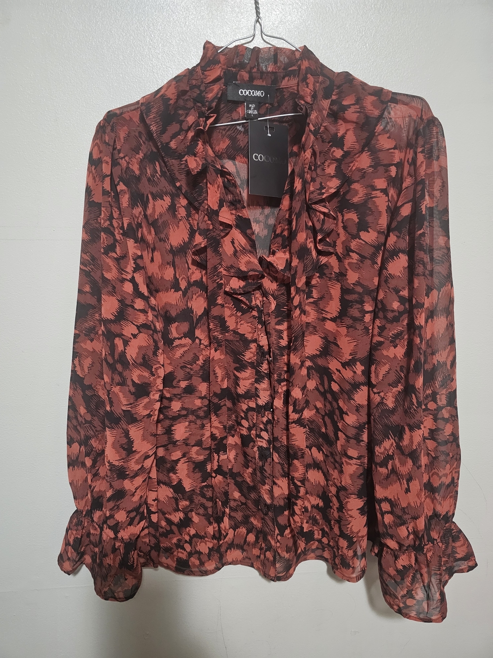 COCOMO Red and Black Ruffle V-Neck Blouse